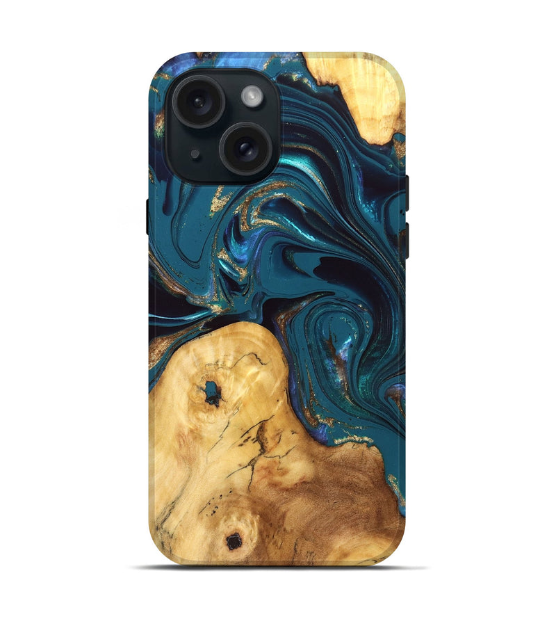 iPhone 15 Wood Live Edge Phone Case - Janna (Teal & Gold, 832833)