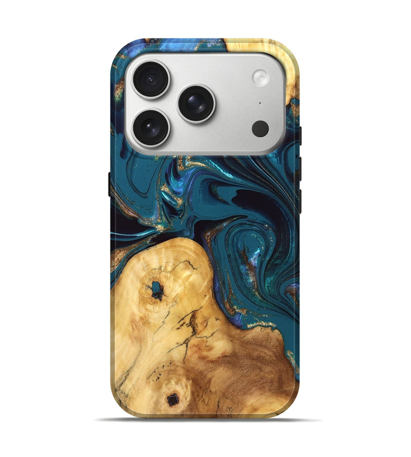 iPhone 17 Pro Wood Live Edge Phone Case - Janna (Teal & Gold, 832833)
