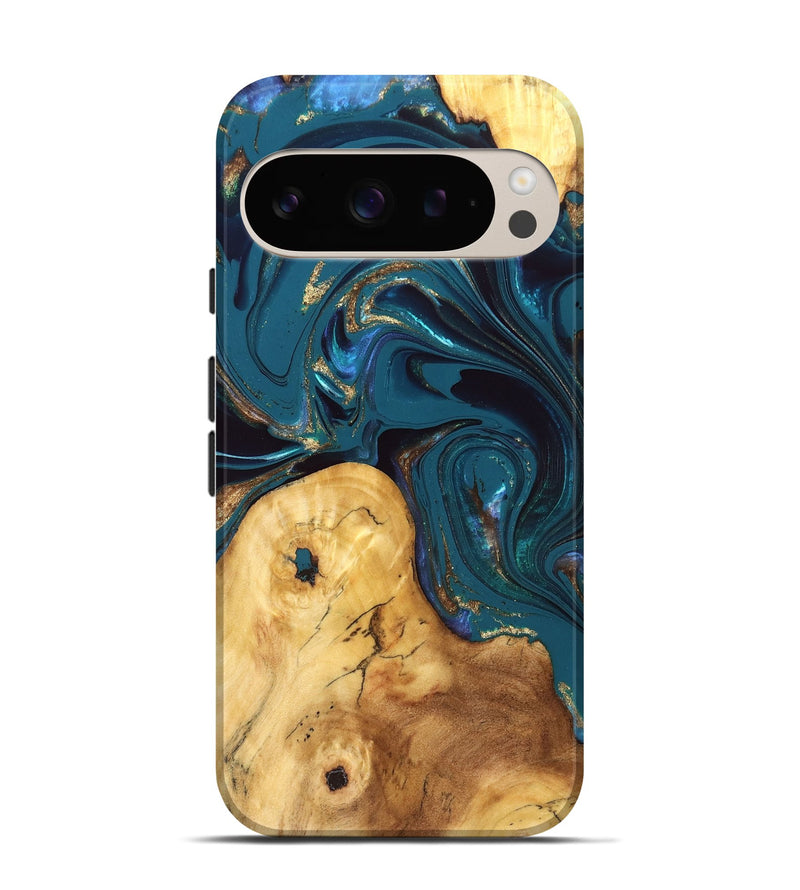 Pixel 9 Pro Wood Live Edge Phone Case - Janna (Teal & Gold, 832833)