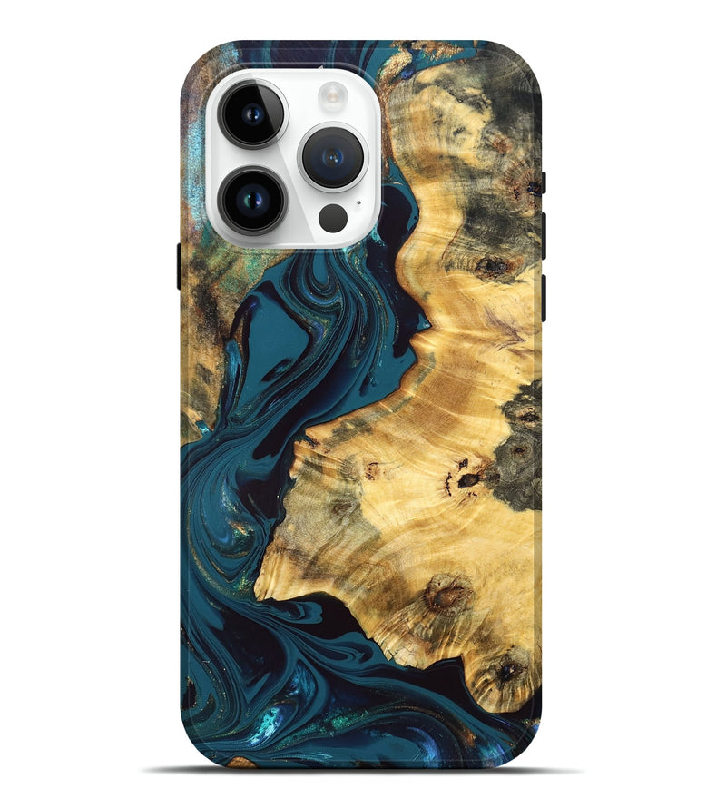 iPhone 15 Pro Max Wood Live Edge Phone Case - Racheal (Teal & Gold, 832834)