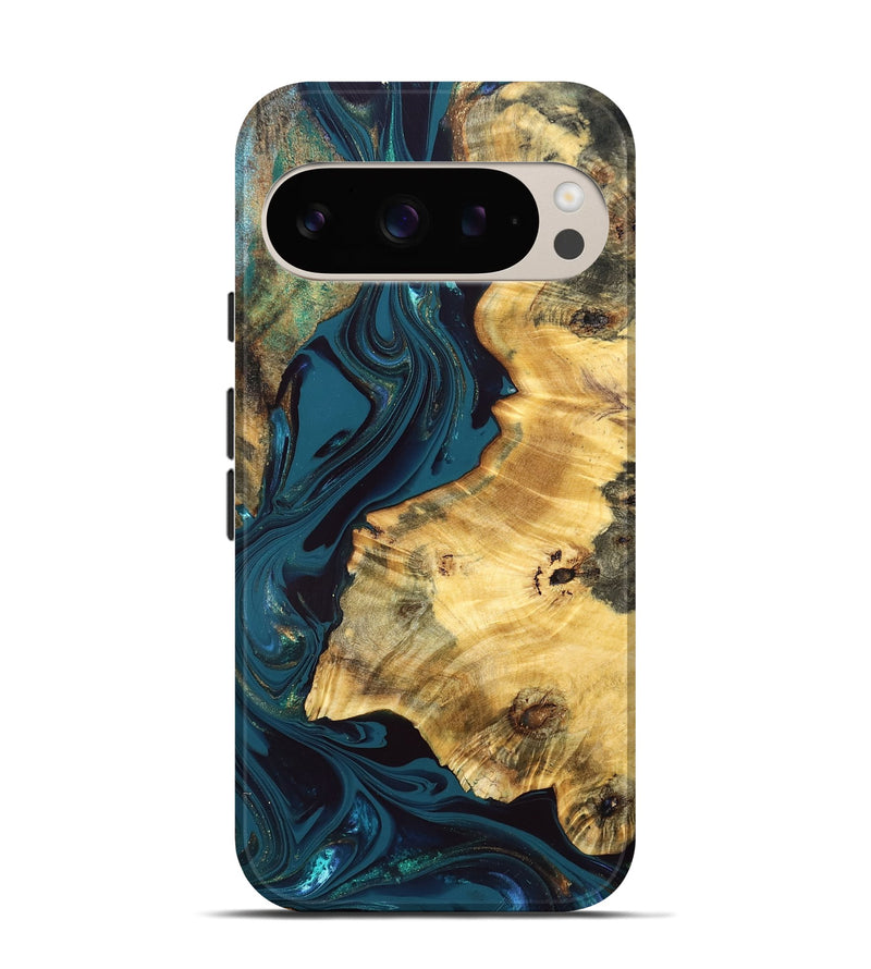 Pixel 9 Pro Wood Live Edge Phone Case - Racheal (Teal & Gold, 832834)