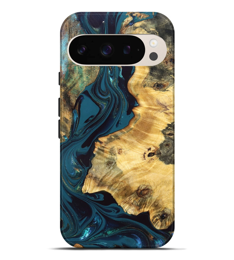 Pixel 9 Pro XL Wood Live Edge Phone Case - Racheal (Teal & Gold, 832834)