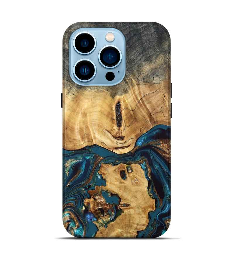 iPhone 14 Pro Wood Live Edge Phone Case - Keira (Teal & Gold, 832836)