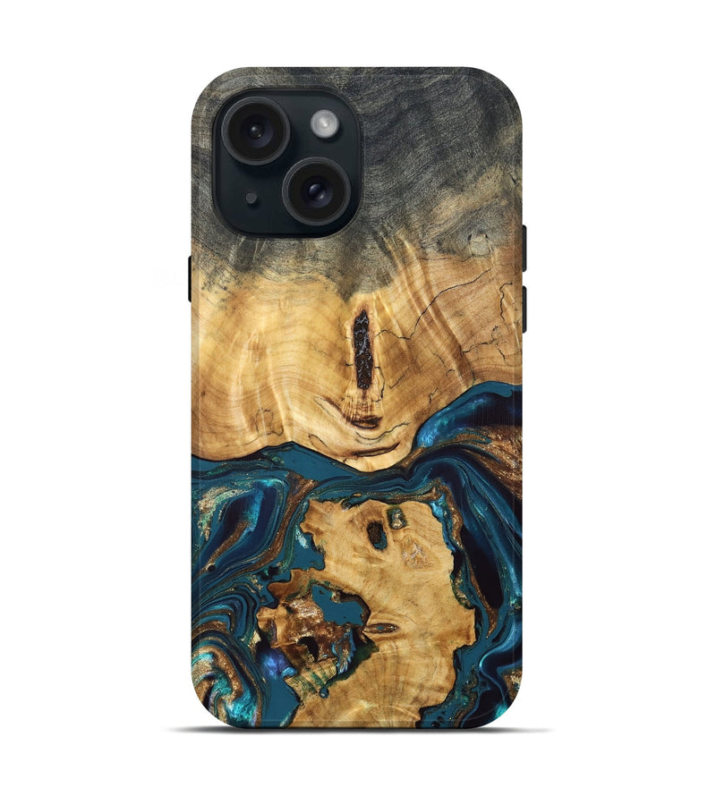 iPhone 15 Wood Live Edge Phone Case - Keira (Teal & Gold, 832836)