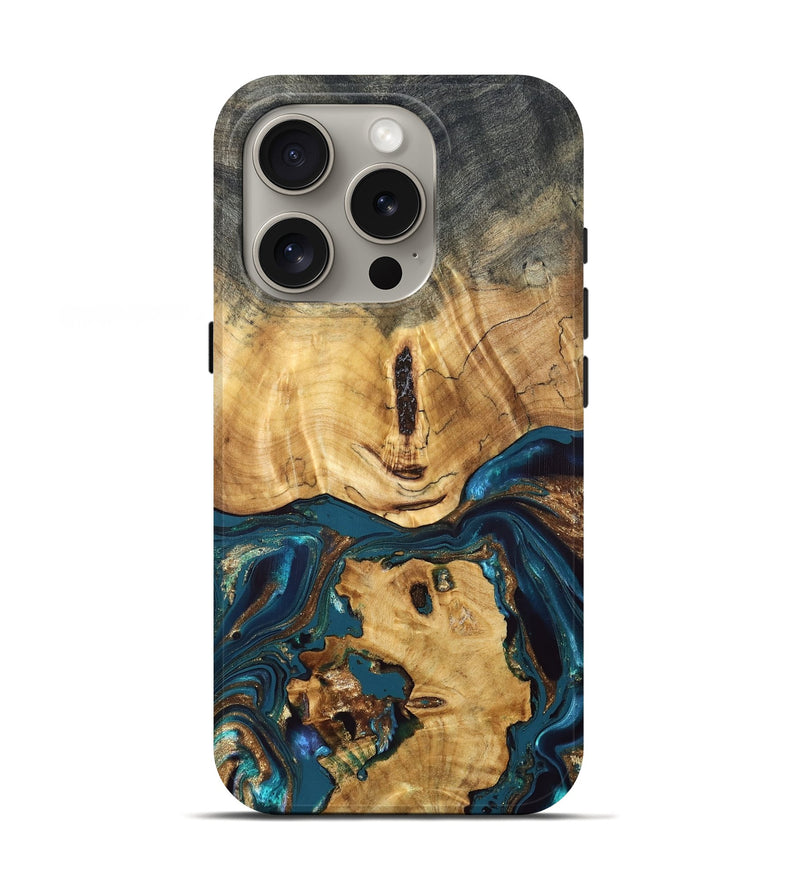 iPhone 16 Pro Wood Live Edge Phone Case - Keira (Teal & Gold, 832836)