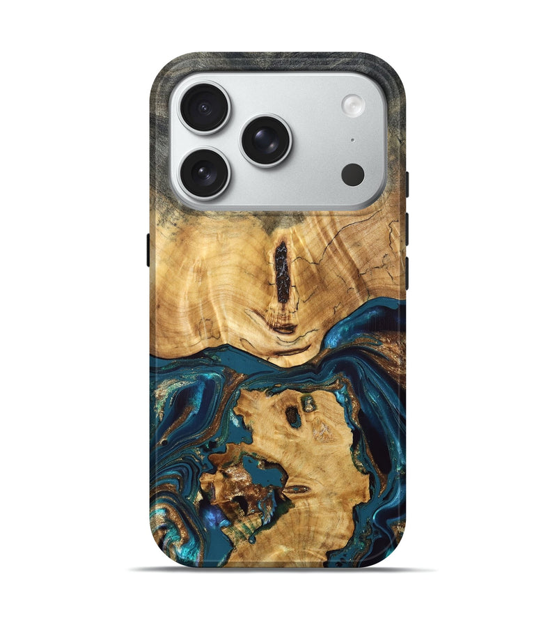 iPhone 18 Pro Wood Live Edge Phone Case - Keira (Teal & Gold, 832836)
