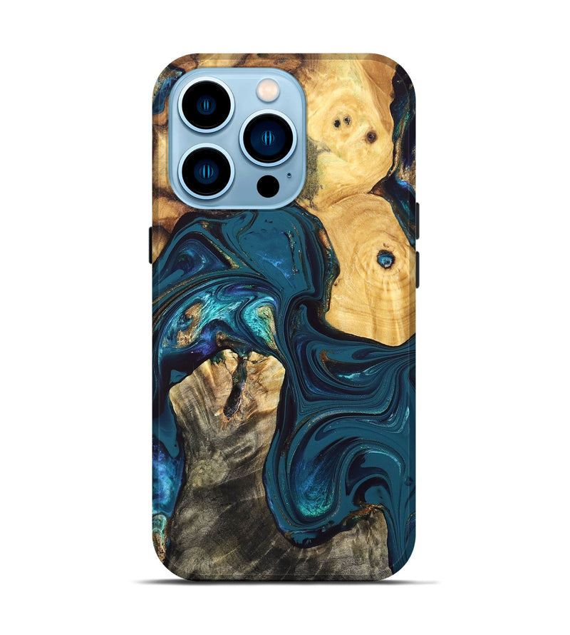 iPhone 14 Pro Wood Live Edge Phone Case - Ron (Teal & Gold, 832841)