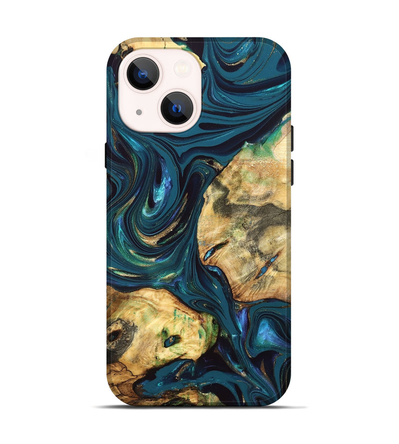iPhone 14 Wood Live Edge Phone Case - Fanny (Teal & Gold, 832852)