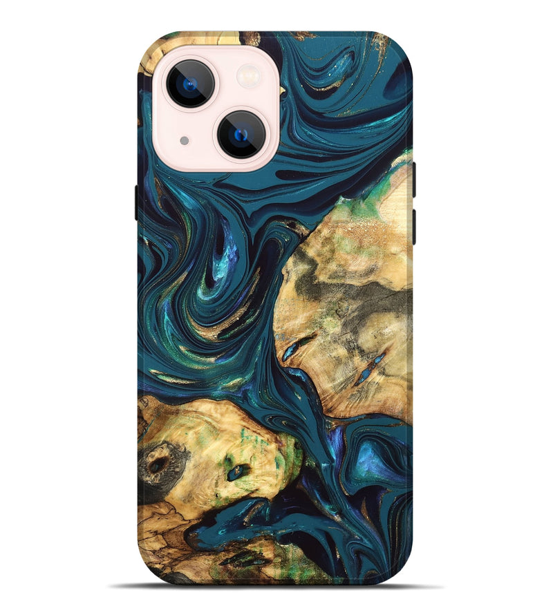 iPhone 14 Plus Wood Live Edge Phone Case - Fanny (Teal & Gold, 832852)