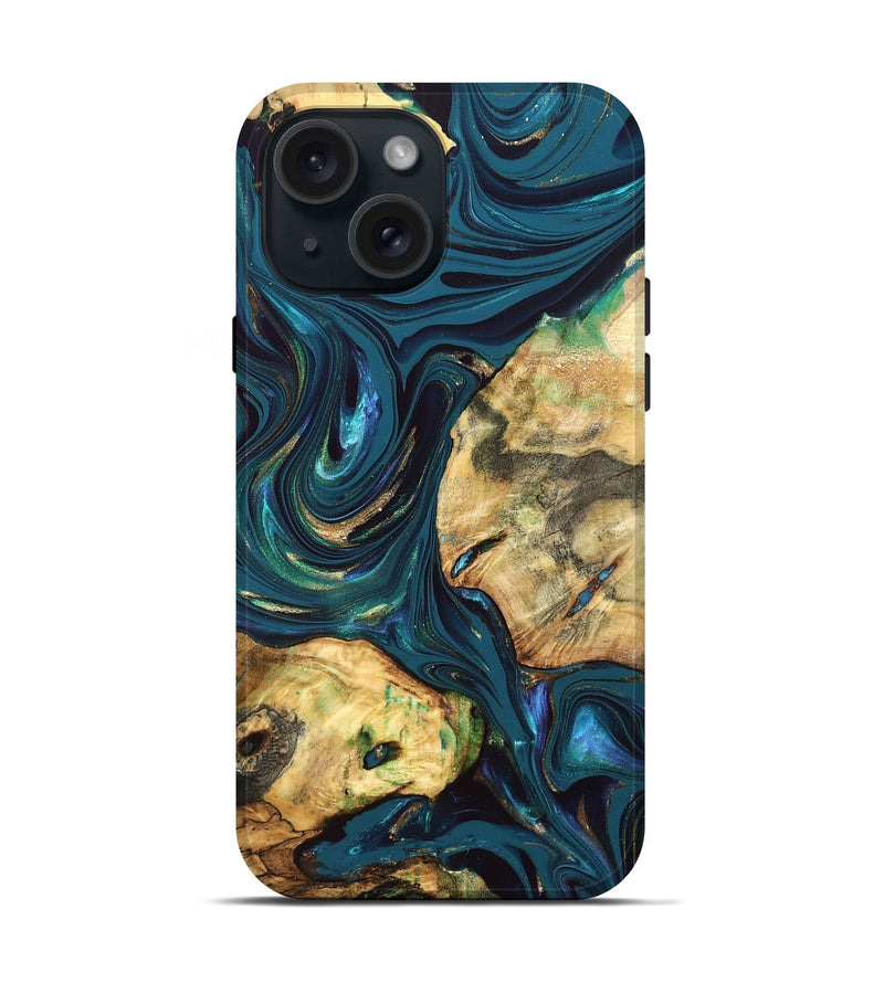 iPhone 15 Wood Live Edge Phone Case - Fanny (Teal & Gold, 832852)