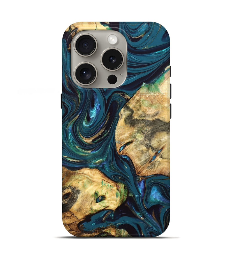 iPhone 16 Pro Wood Live Edge Phone Case - Fanny (Teal & Gold, 832852)