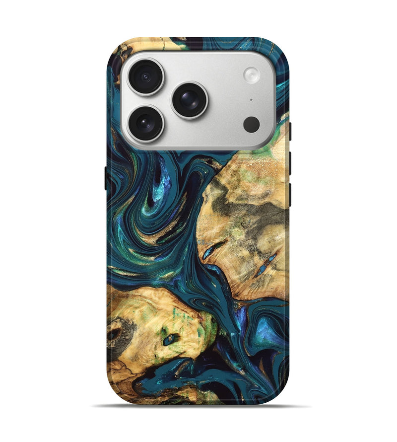 iPhone 17 Pro Wood Live Edge Phone Case - Fanny (Teal & Gold, 832852)