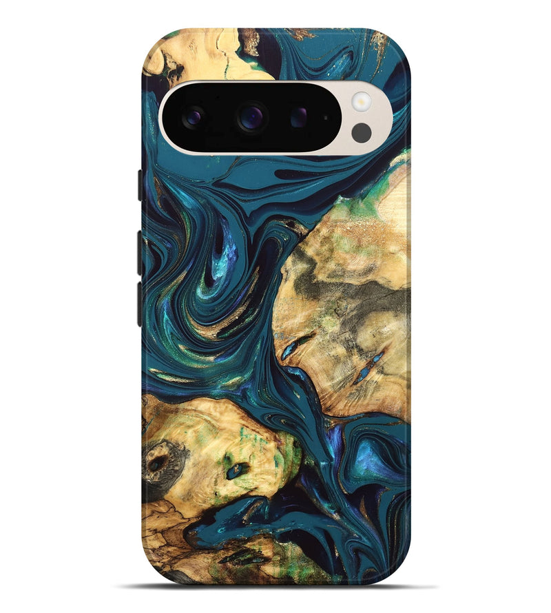 Pixel 9 Pro XL Wood Live Edge Phone Case - Fanny (Teal & Gold, 832852)
