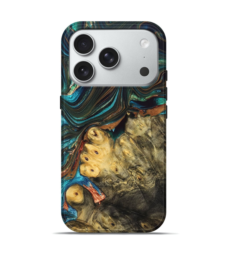 iPhone 18 Pro Wood Live Edge Phone Case - Rene (Teal & Gold, 832861)