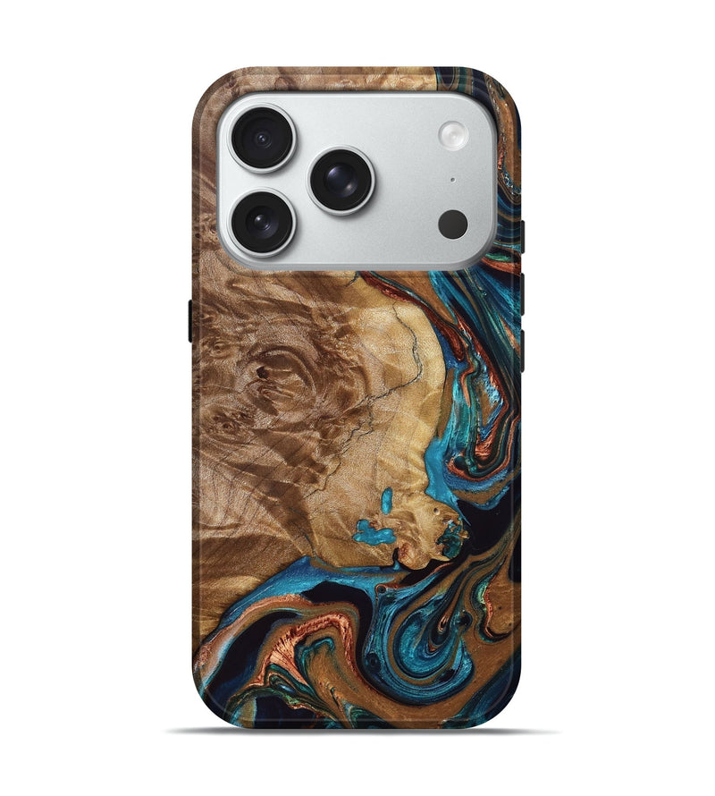 iPhone 18 Pro Wood Live Edge Phone Case - David (Teal & Gold, 832862)