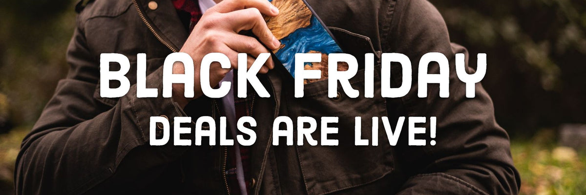 Guy pulling a Carved case out of his pocket, text overlay that says 'Black Friday Deals Are Live!'