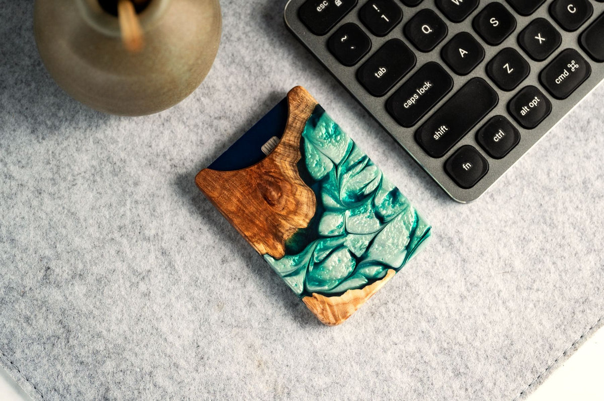 Live Edge Wallet sitting on desk by keyboard