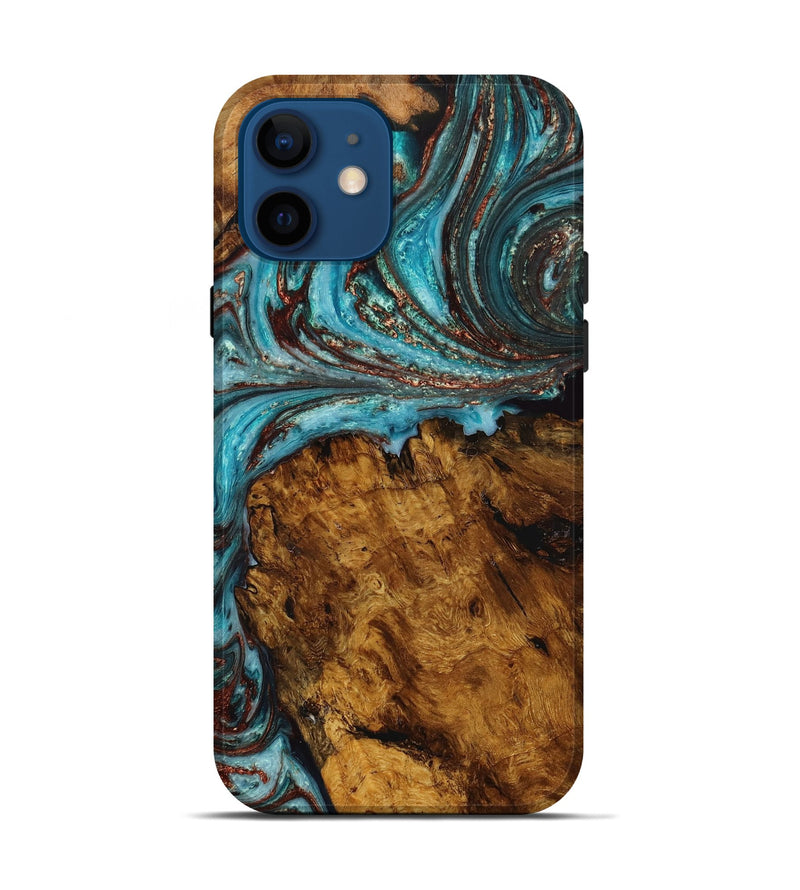 iPhone 12 Wood+Resin Live Edge Phone Case - Constance (Teal & Gold, 648947)