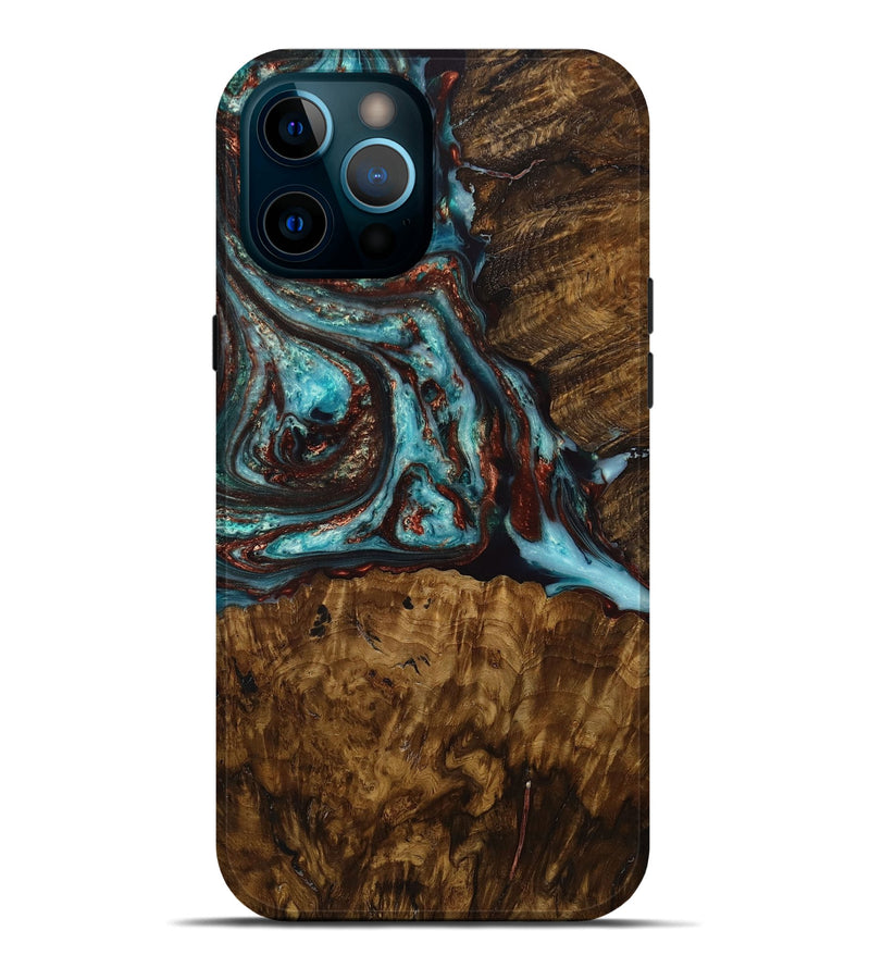 iPhone 12 Pro Max Wood+Resin Live Edge Phone Case - Thiago (Teal & Gold, 648949)