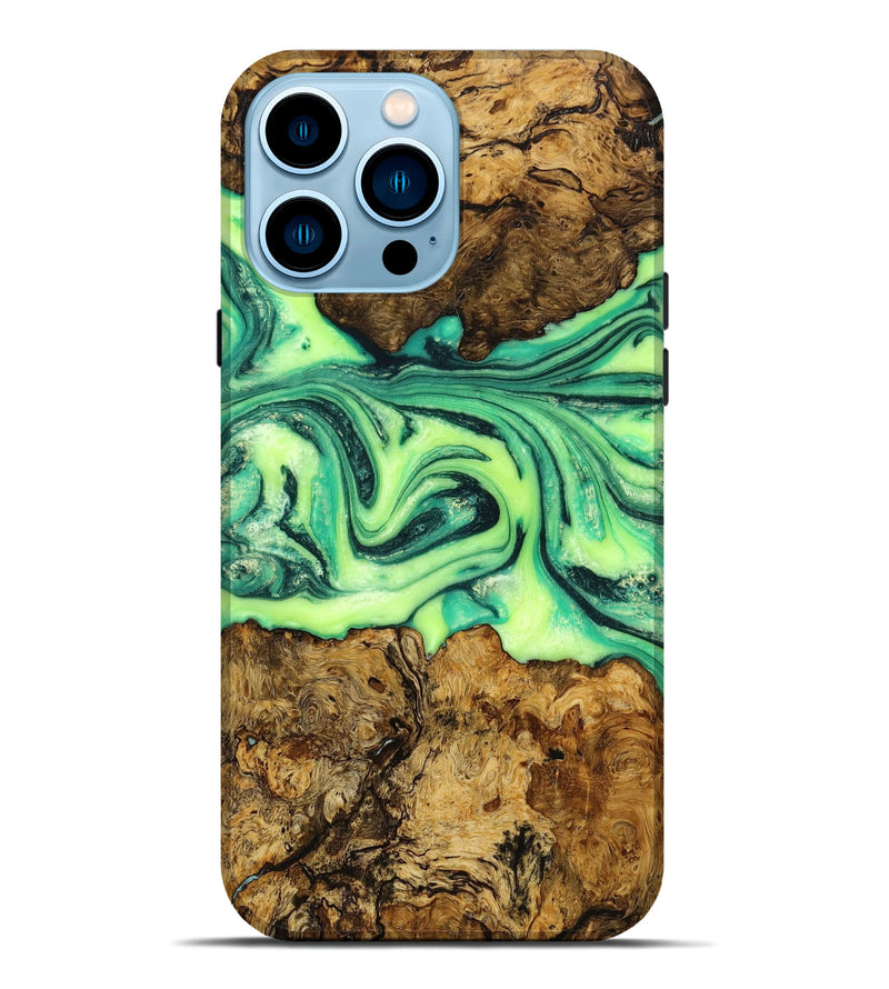 iPhone 14 Pro Max Wood+Resin Live Edge Phone Case - Gerard (Green, 649144)