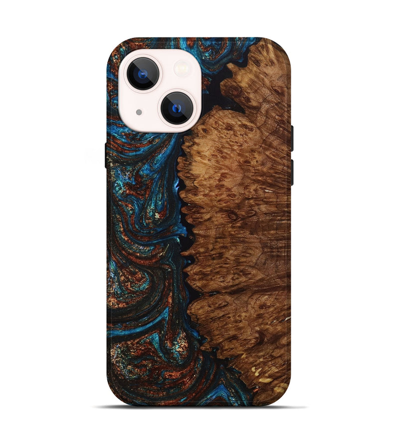 iPhone 14 Wood+Resin Live Edge Phone Case - Sharon (Teal & Gold, 649517)