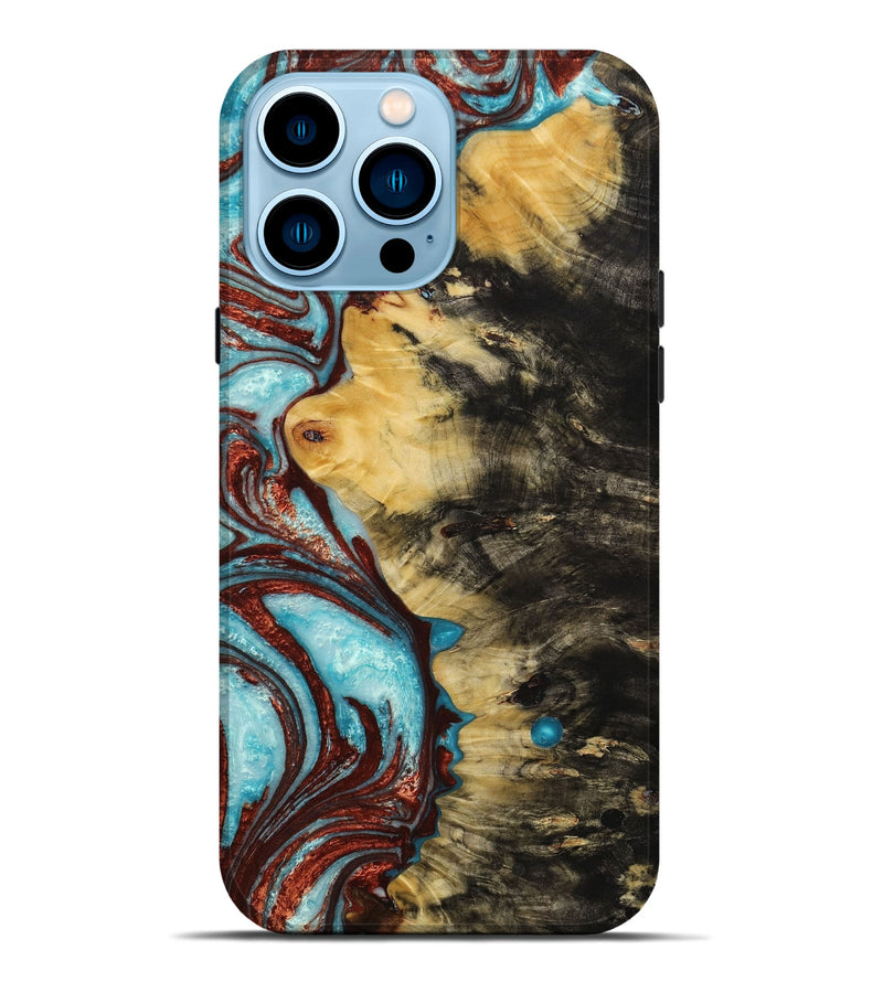 iPhone 14 Pro Max Wood+Resin Live Edge Phone Case - Shelly (Teal & Gold, 649522)