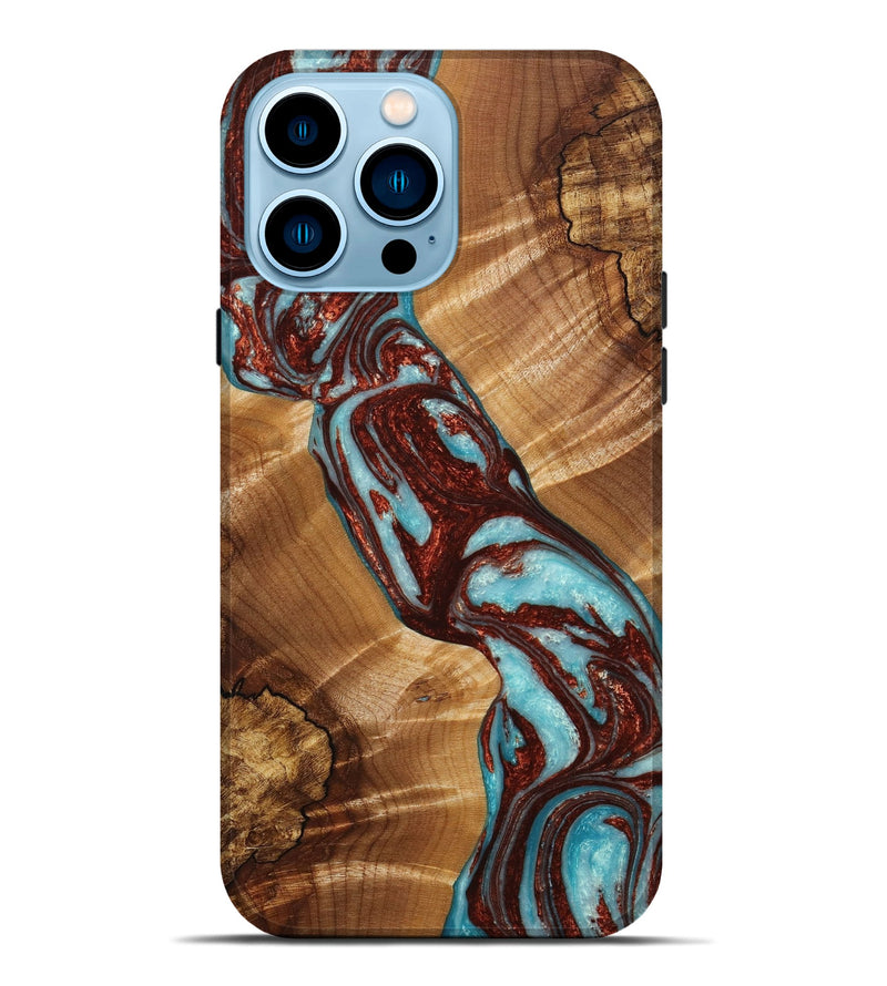 iPhone 14 Pro Max Wood+Resin Live Edge Phone Case - Lisa (Teal & Gold, 649529)