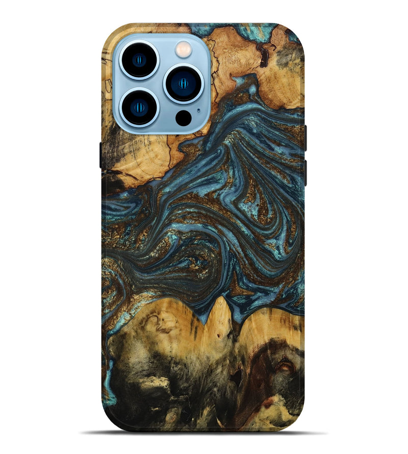 iPhone 14 Pro Max Wood+Resin Live Edge Phone Case - Levi (Teal & Gold, 649530)