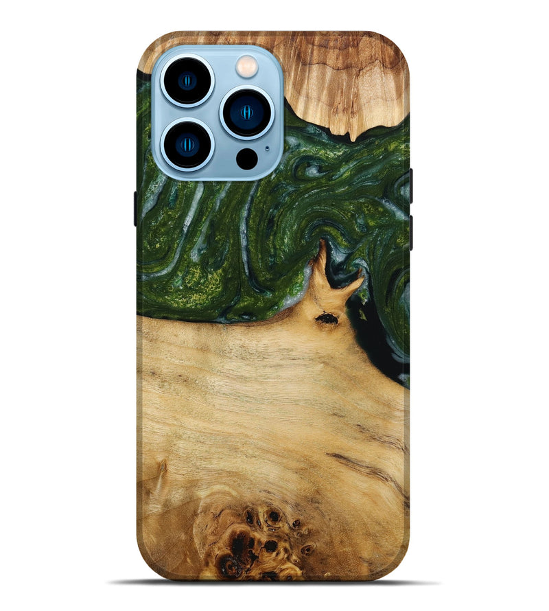 iPhone 14 Pro Max Wood+Resin Live Edge Phone Case - Cassandra (Green, 649532)