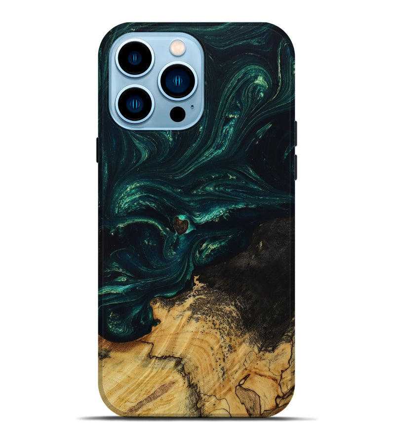 iPhone 14 Pro Max Wood+Resin Live Edge Phone Case - Addison (Green, 649545)