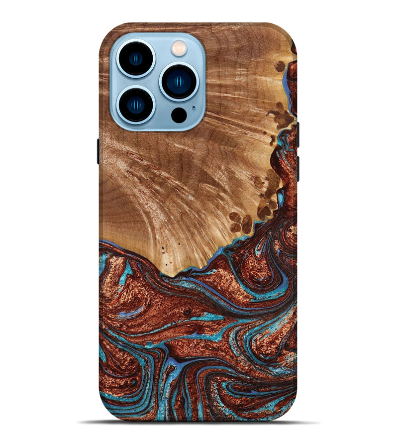 iPhone 14 Pro Max Wood+Resin Live Edge Phone Case - Cayden (Teal & Gold, 649970)