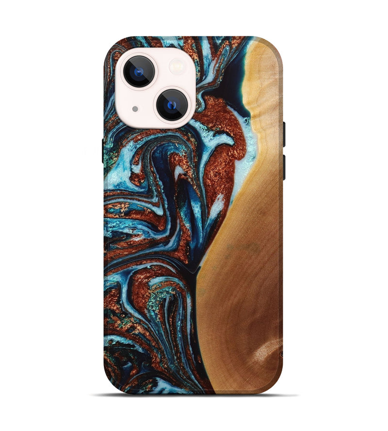 iPhone 14 Wood+Resin Live Edge Phone Case - Bernice (Teal & Gold, 649990)