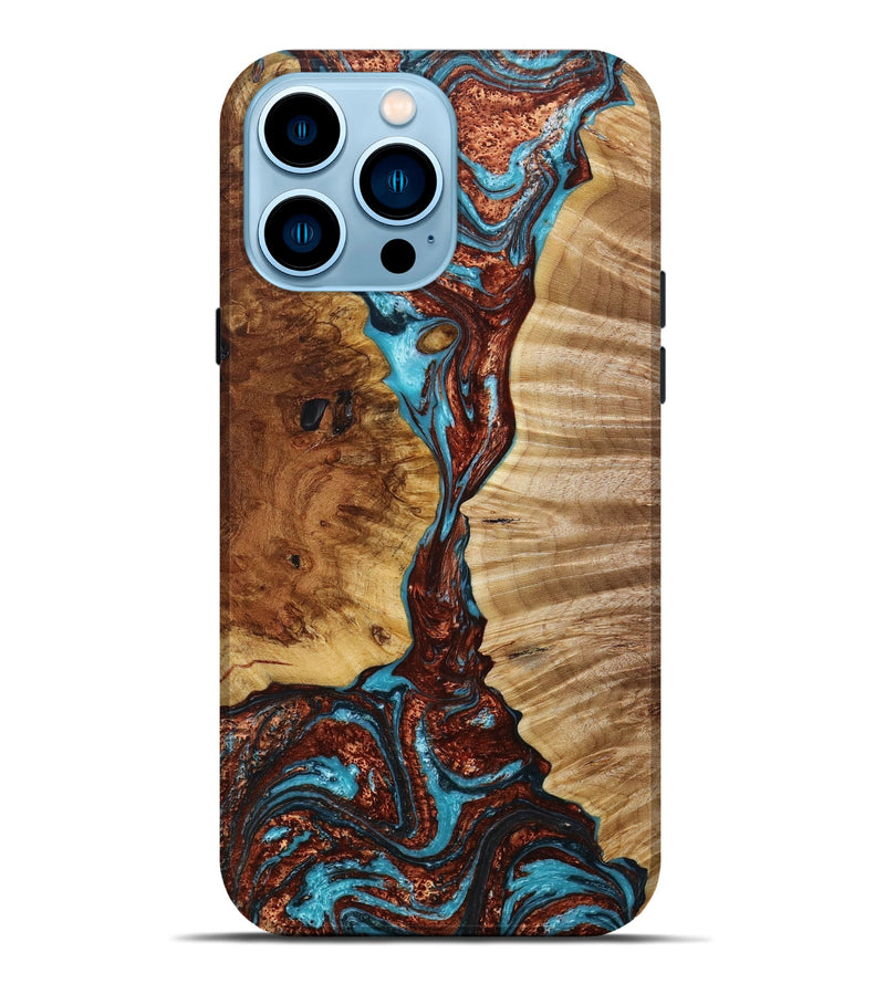 iPhone 14 Pro Max Wood+Resin Live Edge Phone Case - Terence (Teal & Gold, 650005)