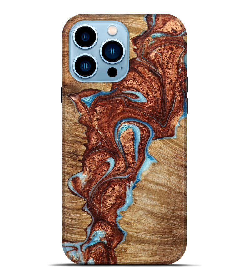 iPhone 14 Pro Max Wood+Resin Live Edge Phone Case - Kendall (Teal & Gold, 650008)