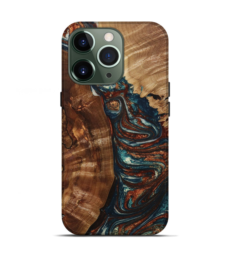 iPhone 13 Pro Wood+Resin Live Edge Phone Case - Jaiden (Teal & Gold, 650263)