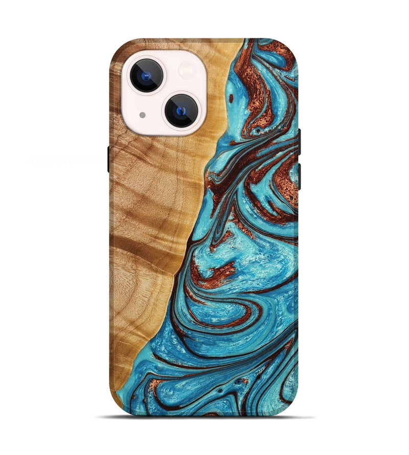 iPhone 13 Wood+Resin Live Edge Phone Case - Kathy (Teal & Gold, 650264)