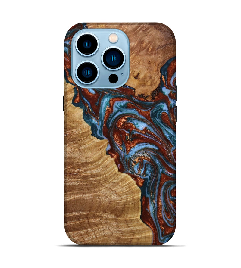 iPhone 14 Pro Wood+Resin Live Edge Phone Case - Paige (Teal & Gold, 650266)