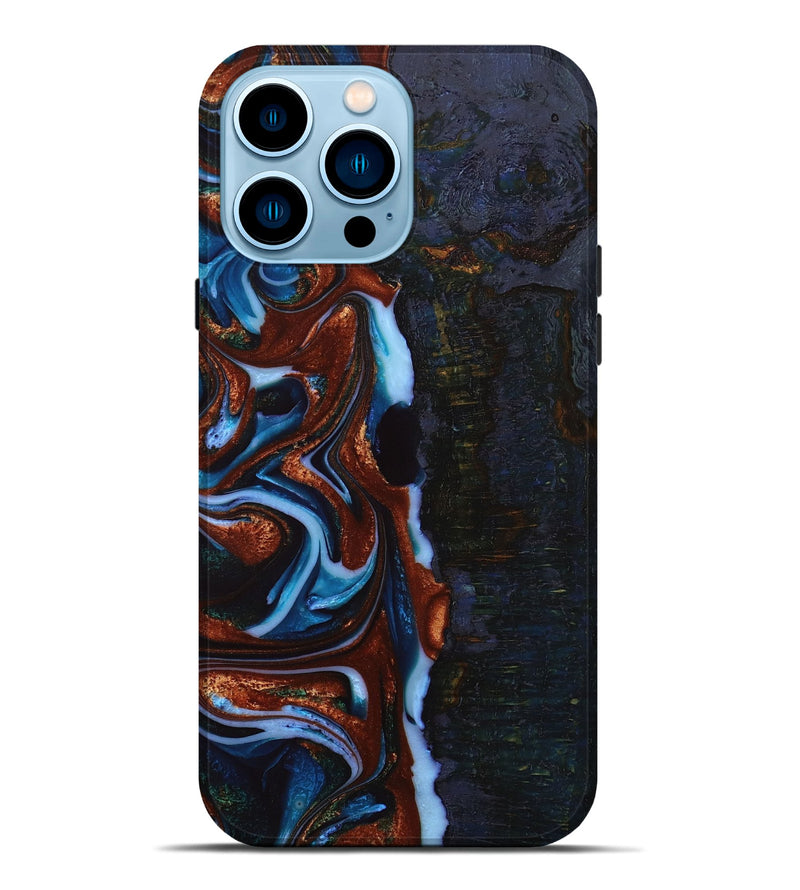 iPhone 14 Pro Max Wood+Resin Live Edge Phone Case - Cora (Teal & Gold, 650267)
