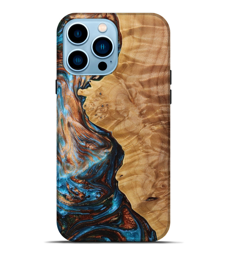iPhone 14 Pro Max Wood+Resin Live Edge Phone Case - Selena (Teal & Gold, 650272)