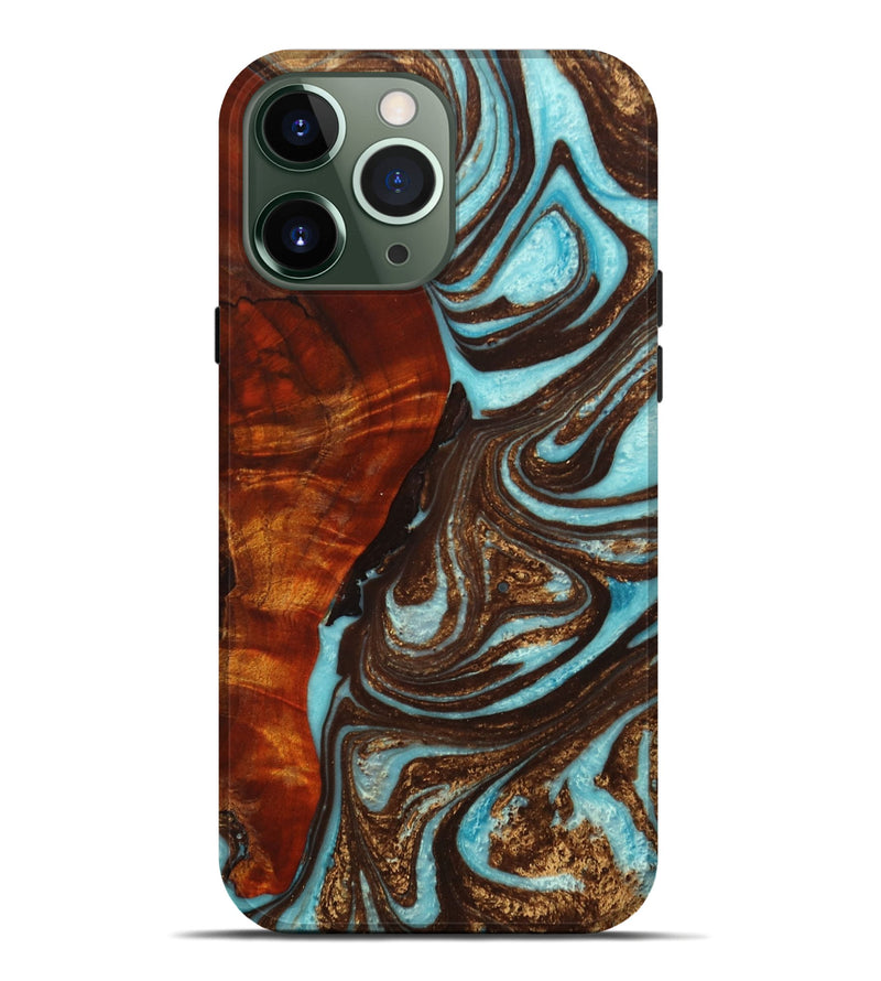 iPhone 13 Pro Max Wood+Resin Live Edge Phone Case - Franklin (Teal & Gold, 650489)