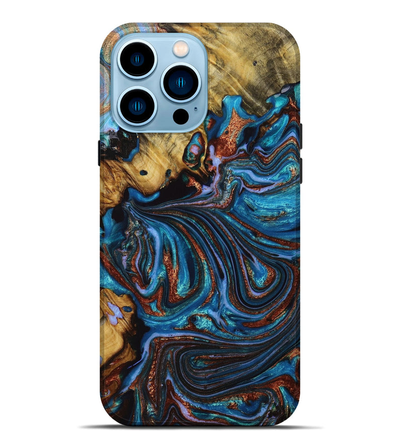 iPhone 14 Pro Max Wood+Resin Live Edge Phone Case - Lynn (Teal & Gold, 650640)
