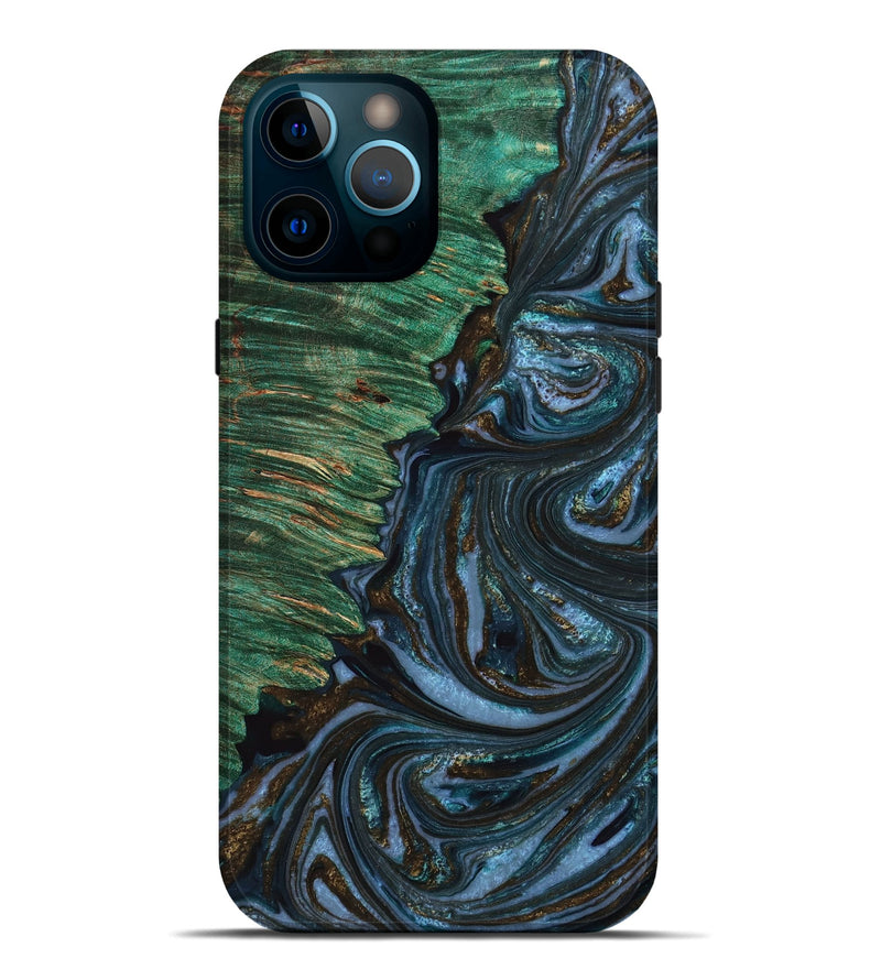 iPhone 12 Pro Max Wood+Resin Live Edge Phone Case - Levi (Teal & Gold, 650641)