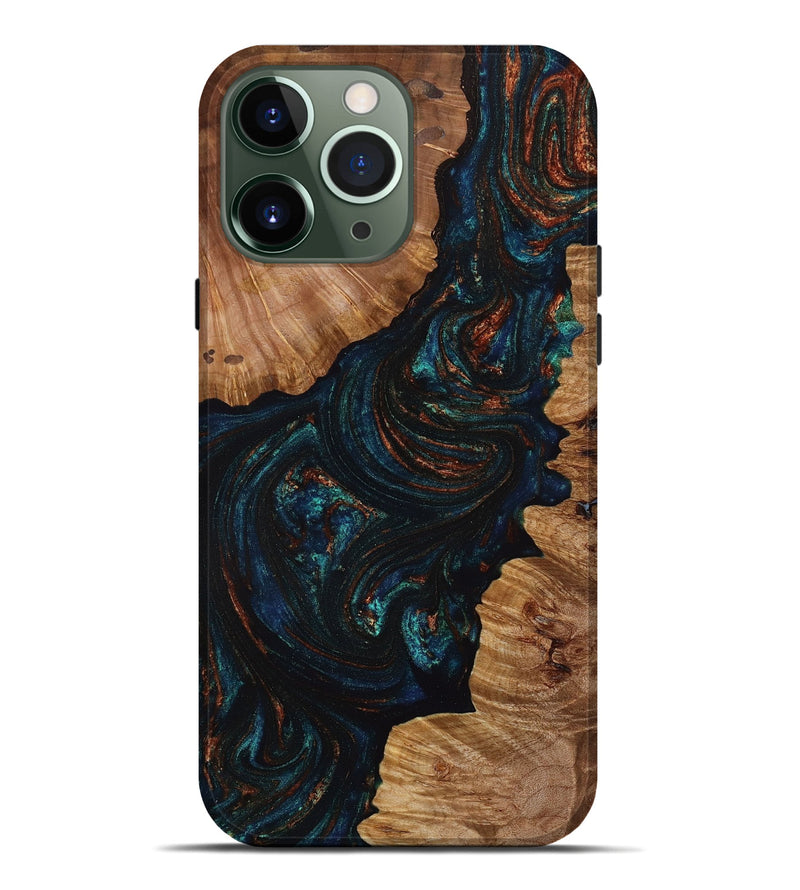 iPhone 13 Pro Max Wood+Resin Live Edge Phone Case - Justin (Teal & Gold, 650643)