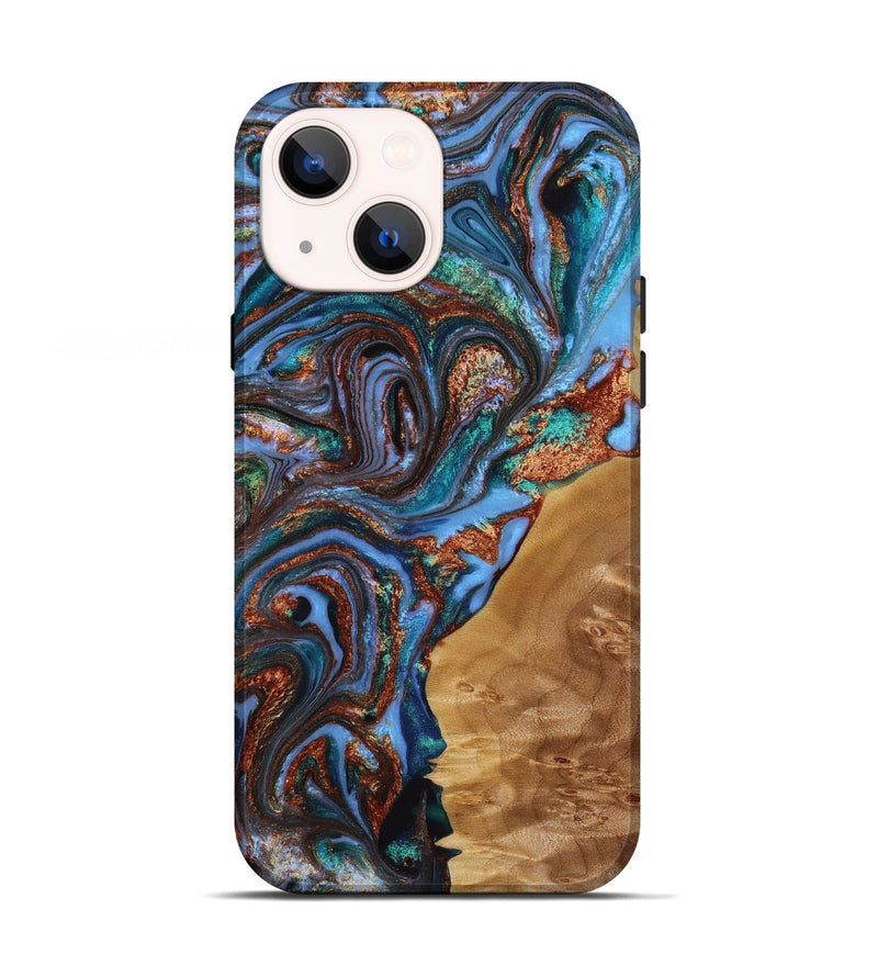 iPhone 13 Wood+Resin Live Edge Phone Case - Fabian (Teal & Gold, 650645)