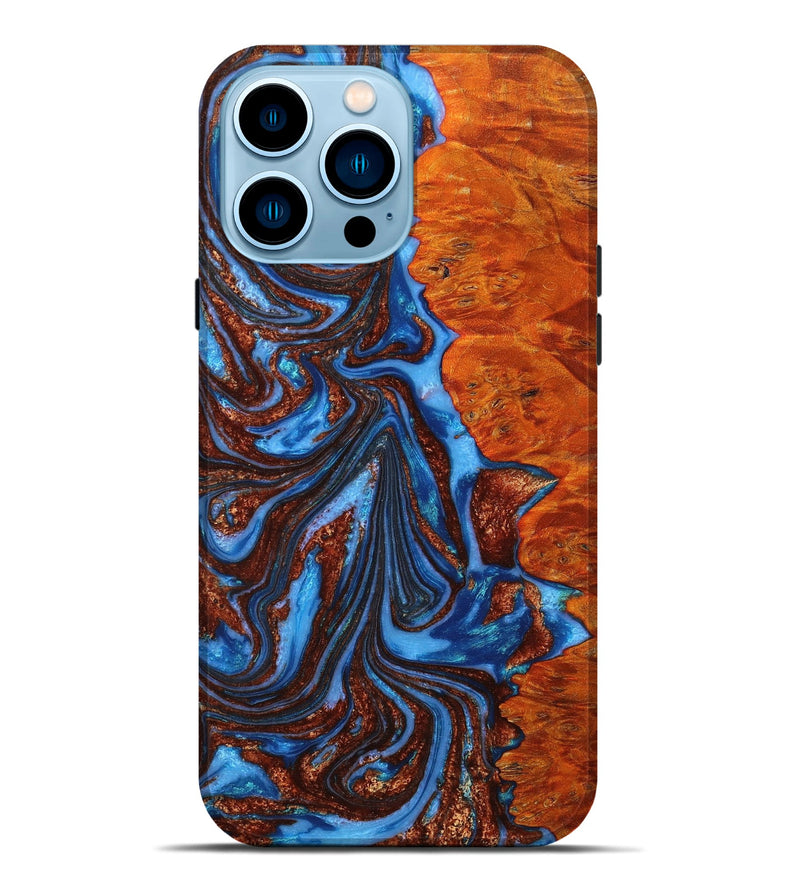 iPhone 14 Pro Max Wood+Resin Live Edge Phone Case - Jerome (Teal & Gold, 650646)