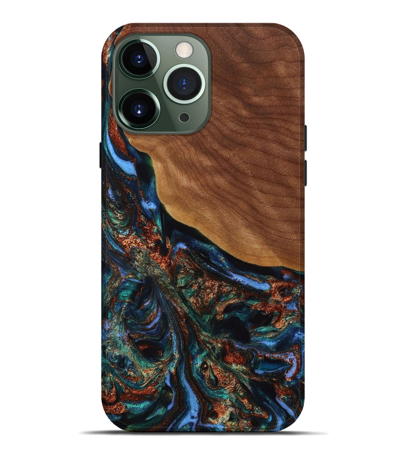iPhone 13 Pro Max Wood+Resin Live Edge Phone Case - Milo (Teal & Gold, 650647)