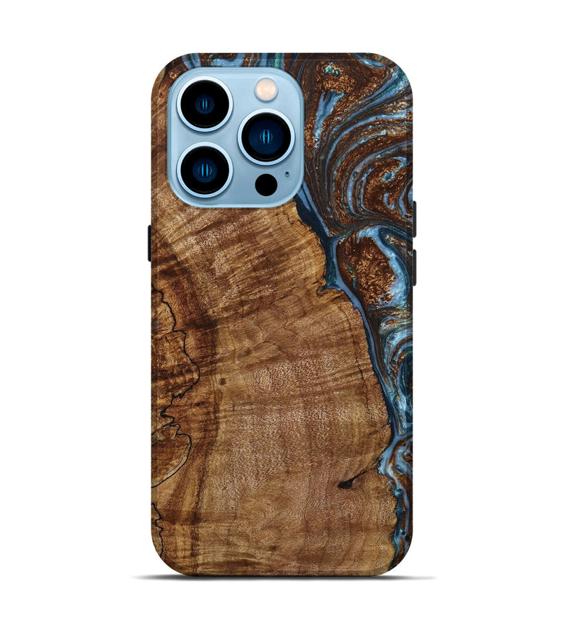 iPhone 14 Pro Wood+Resin Live Edge Phone Case - Tanner (Teal & Gold, 650648)