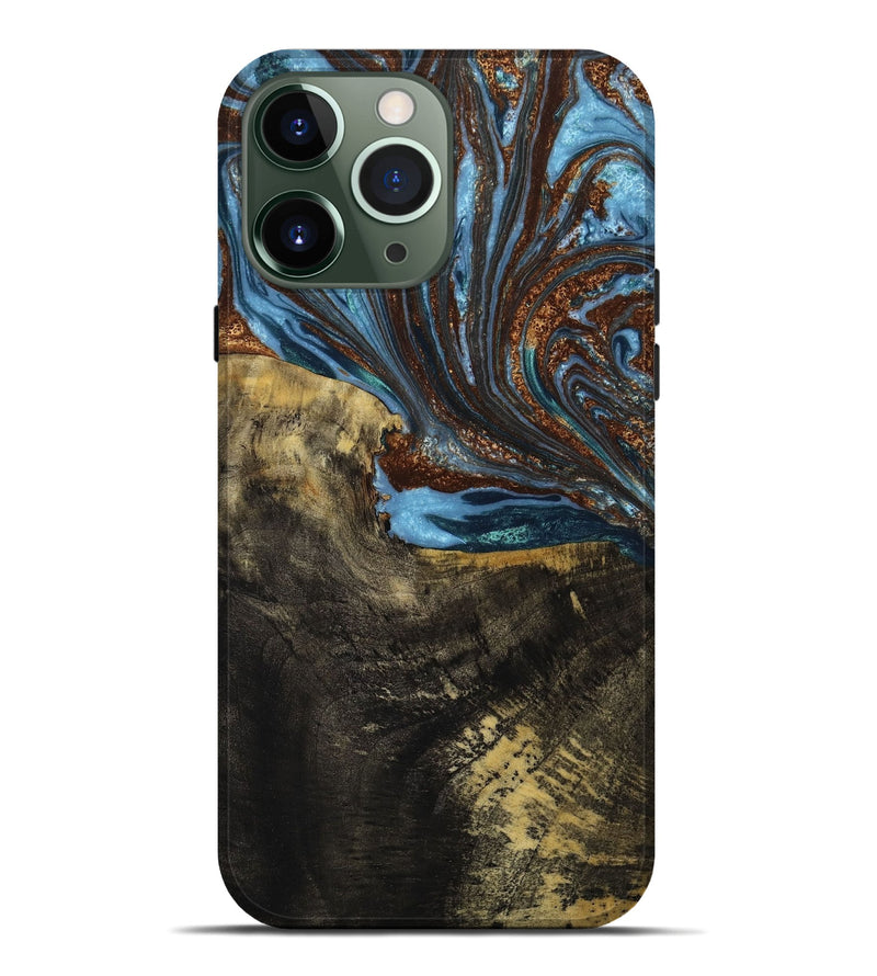 iPhone 13 Pro Max Wood+Resin Live Edge Phone Case - Abigail (Teal & Gold, 650649)