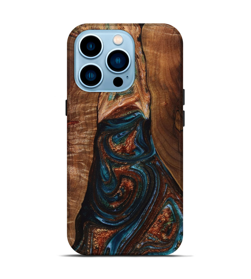 iPhone 14 Pro Wood+Resin Live Edge Phone Case - Malaysia (Teal & Gold, 650653)