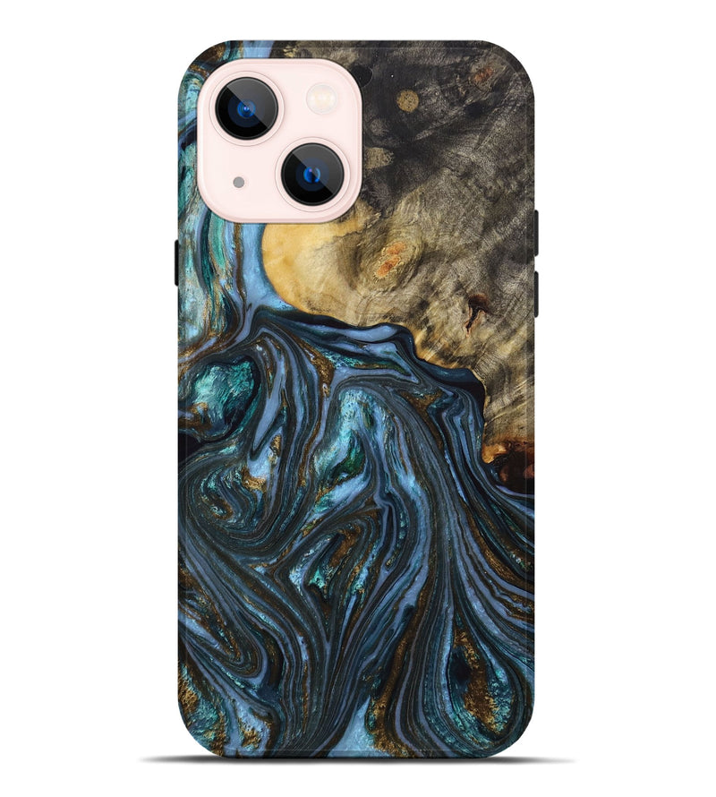 iPhone 14 Plus Wood+Resin Live Edge Phone Case - Aiden (Teal & Gold, 650775)